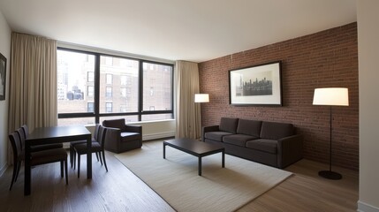 Modern Living Room Interior Design with Cozy Furniture, Large Windows, and Warm Brick Wall Accents in a Bright Urban Environment
