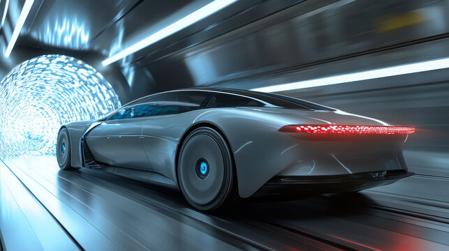 Electric vehicle aerodynamics test in wind tunnel, modern concept car engineering design for better speed performance, automotive physics smoke flow laboratory 3d illustration