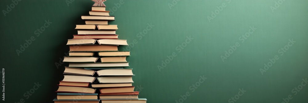 Poster creative christmas tree design made from stacked books on a green backdrop for festive decor. genera