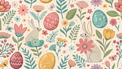 seamless pattern background with watercolor easter eggs, bunnies and flowers