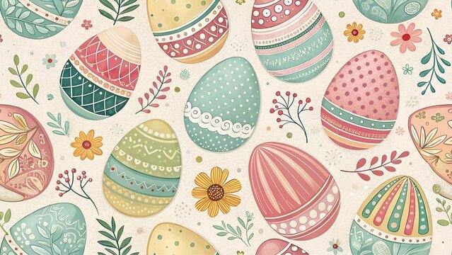 seamless pattern background with watercolor easter eggs, bunnies and flowers