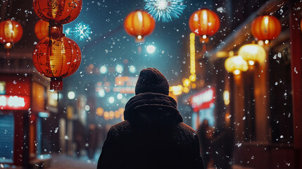 The image captures a snowy night scene in a bustling city, illuminated by colorful lanterns and...