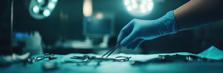 Gloved hands handling surgical tools and laboratory equipment in a sterile environment. Surgery AI generated image