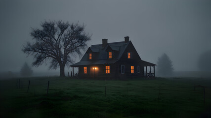 landscape with a house on the fog