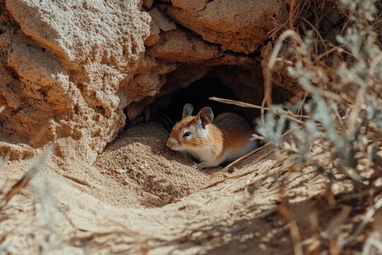 Kangaroo rat in burrow desert landscape peaceful and hidden