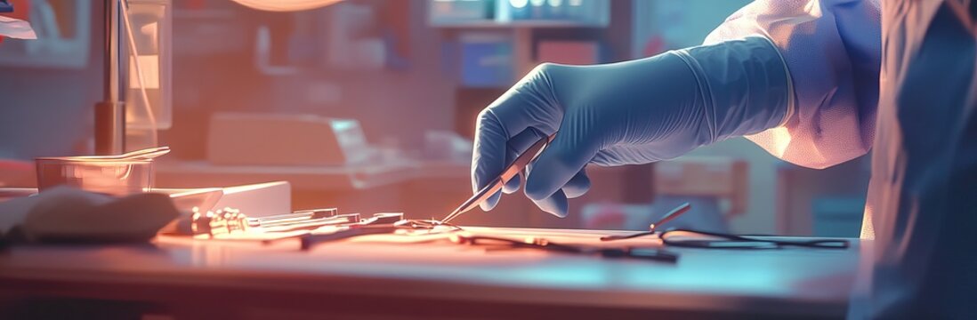 Gloved hands handling surgical tools and laboratory equipment in a sterile environment. Surgery AI generated image
