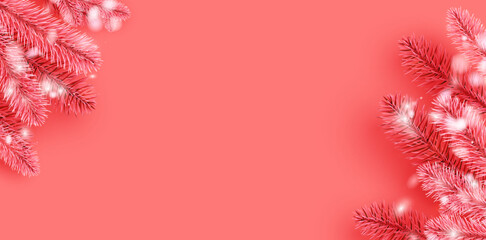 Elegant red pine branches with glowing lights arranged on a vibrant red background. Perfect for Christmas and holiday designs.