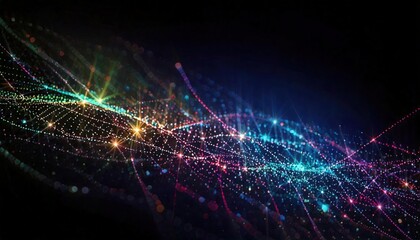 黒い背景の上で、虹色の光が交差し、まるで動いているかのような幻想的で夢のような世界を描き出している。








