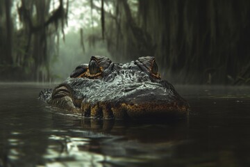Fototapeta premium Majestic alligator in murky swamp with dramatic lighting and texture