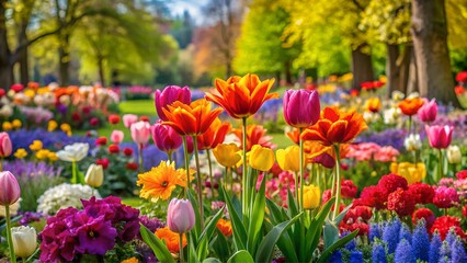 Obraz premium a vibrant garden background featuring colorful flowers and tulips