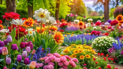 a vibrant garden background featuring colorful flowers and tulips