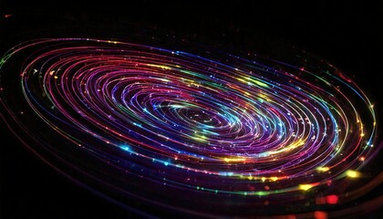 Fototapeta premium 黒い背景の上で、虹色の光が交差し、まるで動いているかのような幻想的で夢のような世界を描き出している。