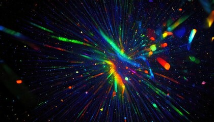 黒い背景の上で、虹色の光が交差し、まるで動いているかのような幻想的で夢のような世界を描き出している。








