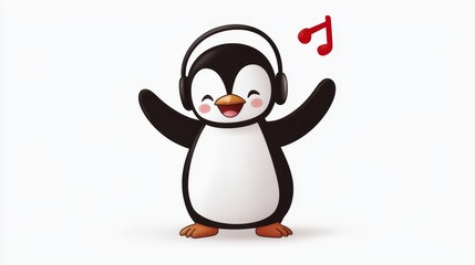 Fototapeta premium Cute Cartoon Penguin Character Wearing Headphones with Musical Notes, Representing Joy and Fun in a Vivid, Playful Illustration Perfect for Children’s Themes