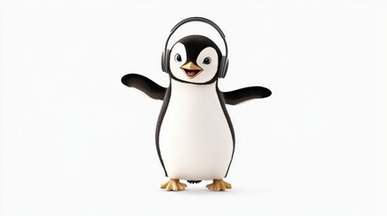 Obraz premium Cute cartoon penguin wearing headphones, happily dancing with arms outstretched in a vibrant and playful manner, perfect for children's content and music themes.