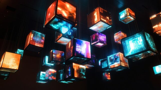 Floating cubes featuring abstract text and multimedia symbols in a darkened contemporary space. Generative AI