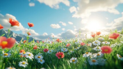 Obraz premium Sunny Meadow Wildflowers Blooming Under Blue Sky