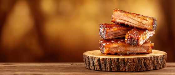 Savory glazed ribs stacked on wooden platter, showcasing rich flavors and textures. Perfect for food lovers and culinary enthusiasts