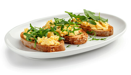 Scrambled Eggs Sandwiches on white plate isolated on white background, healthy keto breakfast. Whole grain toasts with scramble eggs and organic arugula microgreens, design element