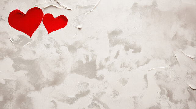 Two red hearts on textured wall, grunge valentine background