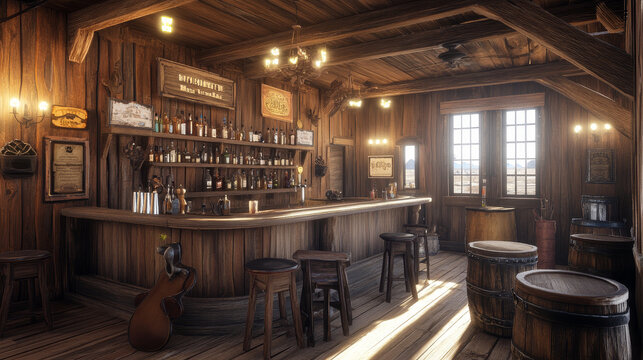 Western saloon bar wooden interior cartoon. Old tavern illustration with isolated saddle, chair and counter. Retro pub design collection for desert Texas game. Water basin and plant asset kit