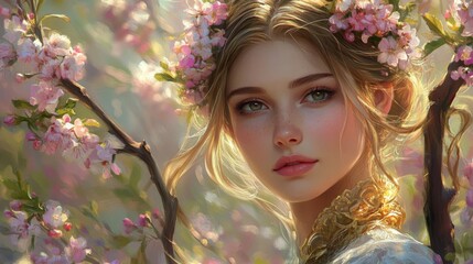 Fototapeta premium Fairytale Woman Adorned With Spring Blossoms