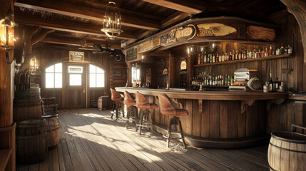 Western saloon bar wooden interior cartoon. Old tavern illustration with isolated saddle, chair and counter. Retro pub design collection for desert Texas game. Water basin and plant asset kit