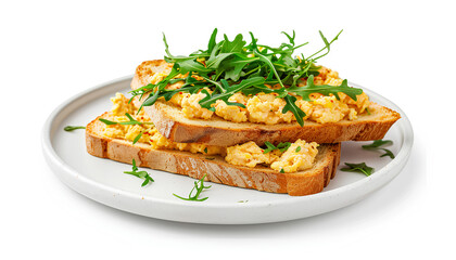 Fototapeta premium Scrambled Eggs Sandwiches on white plate isolated on white background, healthy keto breakfast. Whole grain toasts with scramble eggs and organic arugula microgreens, design element