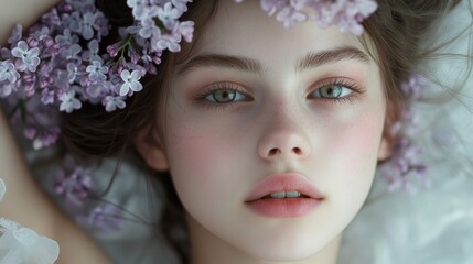 Naklejka premium Young Woman Adorned With Lilac Flowers