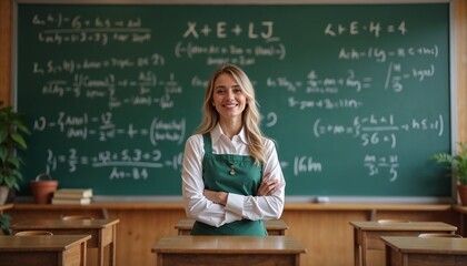 Smiling teacher in a bright classroom standing confidently with arms crossed in front of a chalkboard filled with equations