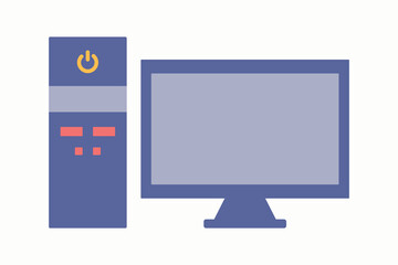 Desktop Computer and Monitor. Work and gaming PC with screen, Display. IT equipment, technology. Office tool with power Button. Technique. Flat style. Isolated icon. Color image. Vector illustration