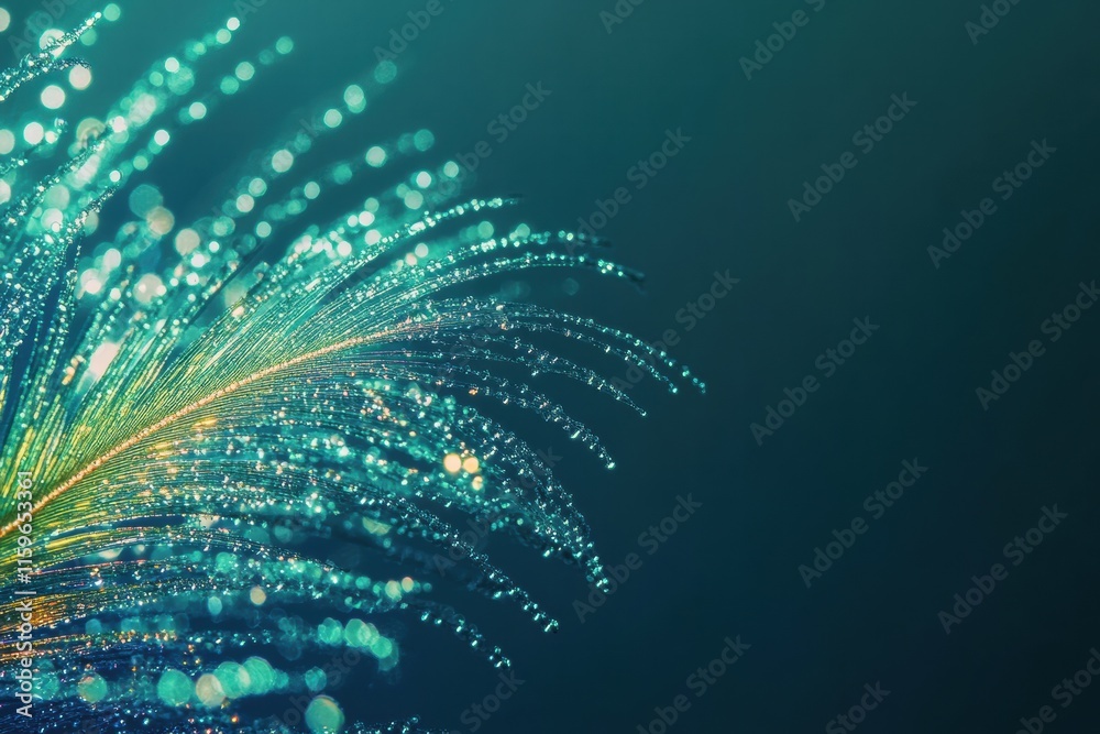 Fototapete Close up view of a vibrant peacock feather adorned with dew drops and a beautiful bokeh background for creative designs. Generative AI