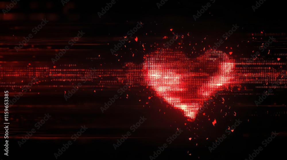 Aufkleber Glitching red heart shape formed by digital data streams on black background.