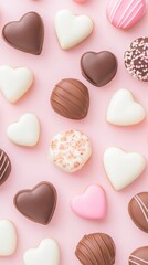 Obraz premium Assorted heart shaped chocolates on pink background