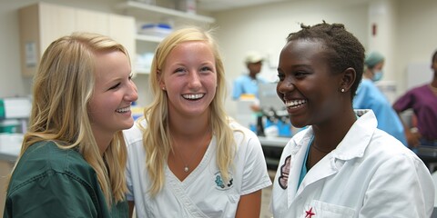 Fototapeta premium A lively group of young healthcare professionals sharing a joyous moment in a bustling medical laboratory setting, exemplifying camaraderie and teamwork in the medical field