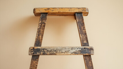 Old wooden ladder against a beige background