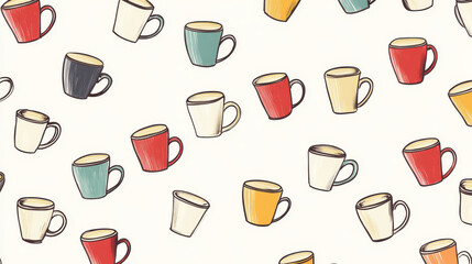 Vector seamless pattern of cups of coffee. Chaotic cups