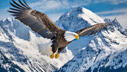 Obraz premium Majestic Bald Eagle Soaring Above Snow-Capped Mountains in a Crisp Blue Sky