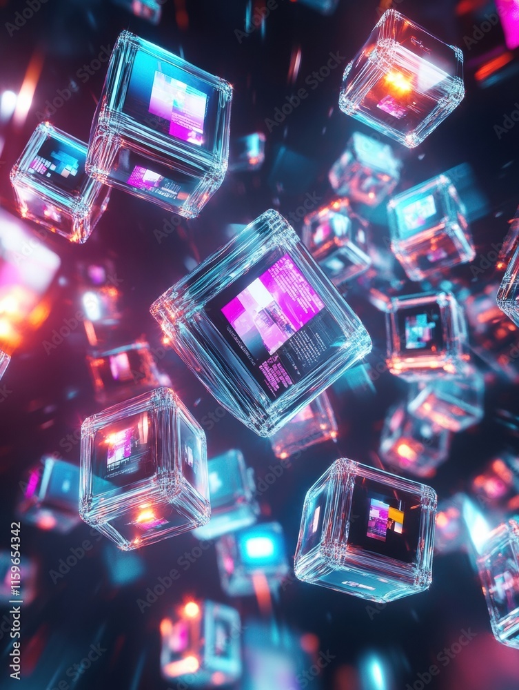 Poster floating cubes displaying abstract text and symbols with vibrant colors in a digital cosmos. generat