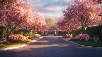 Fototapeta premium Scenic Driveway Entrance Pink Blossoms Spring