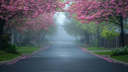 Naklejka premium Misty Morning Street Lined With Pink Blossoms