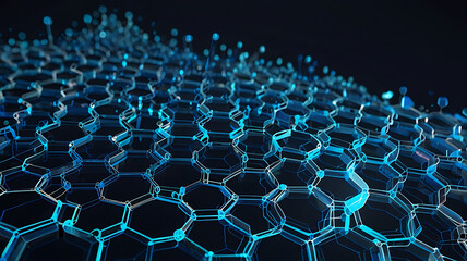 Fototapeta premium Network connection concept blue vector illustration. Futuristic hexagon perspective wide angle landscape. Futuristic honeycomb concept. Big data digital background.