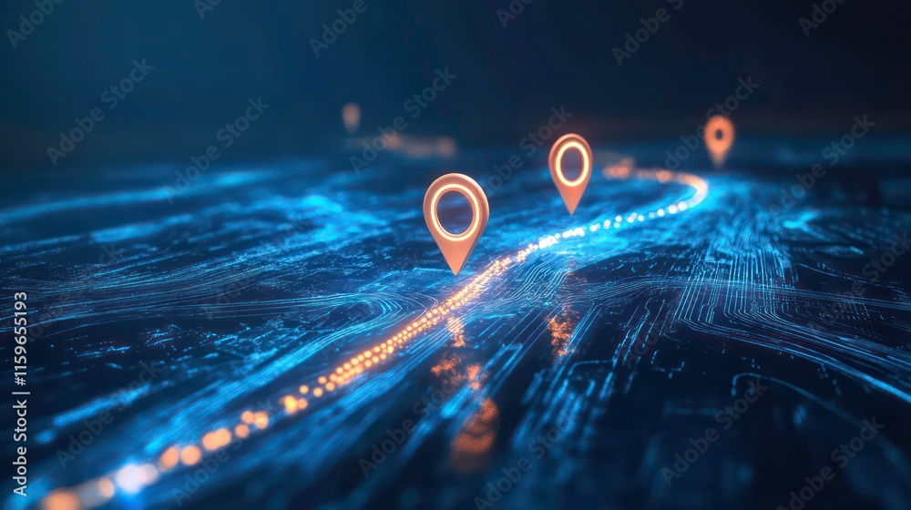 Poster Abstract digital map with glowing location markers highlighting routes and connections.