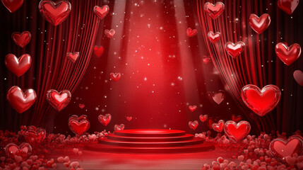 Red room with podium or stage and hearts. Valentines Day background with pedestal or scene for products showcase. Promotional display, abstract studio platform design, Realistic 3d vector illustration