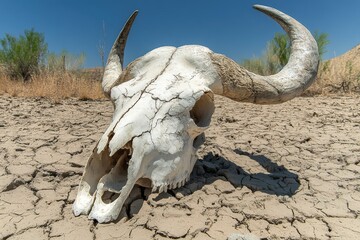 Bleached buffalo skull in desert landscape under harsh sunlight