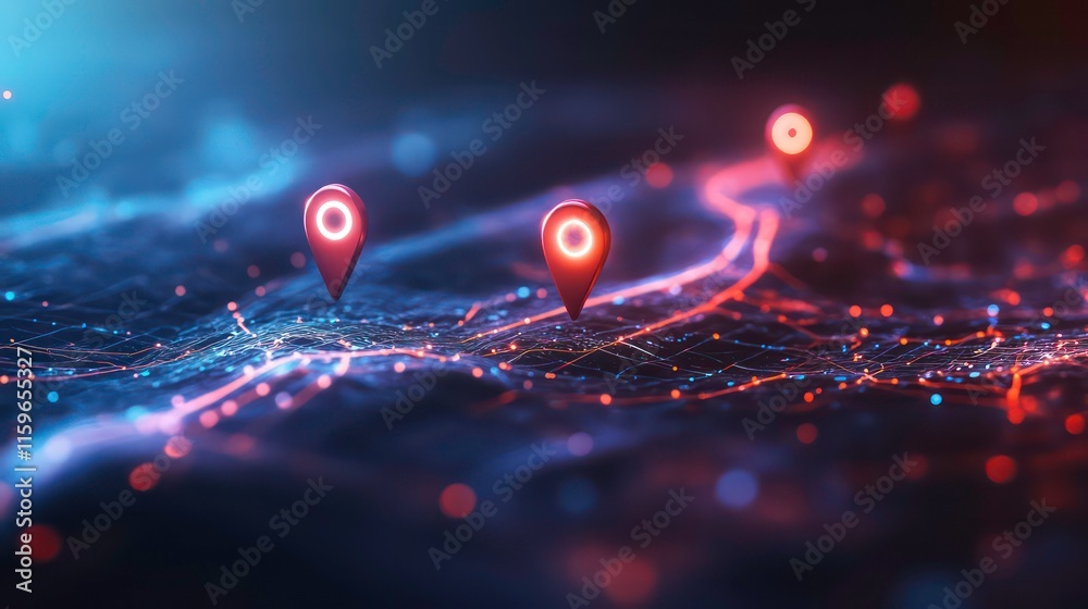 Fototapete Abstract glowing map with location markers showing routes and connections.