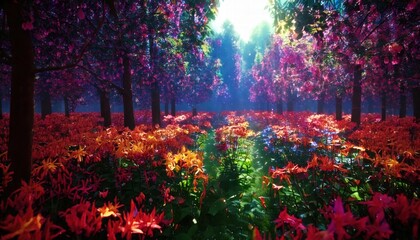Gen木々の間から差し込む陽光が魔法のように森を照らす。ピンクや紫、赤の花々が咲き誇り、金色の光に包まれています。夢と現実の狭間にあるような静けさと魔法の空気が漂う風景です。

