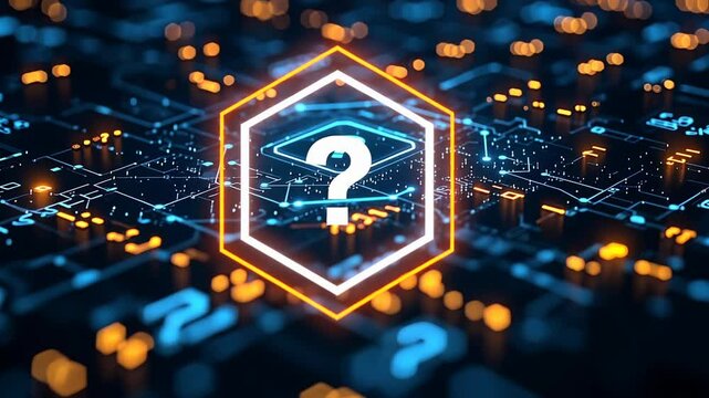 A glowing question mark inside a hexagon over a circuit board.