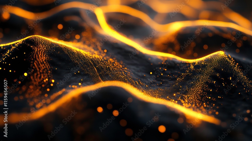 Poster Abstract glowing orange and black textured surface with undulating hills and sparkling particles.