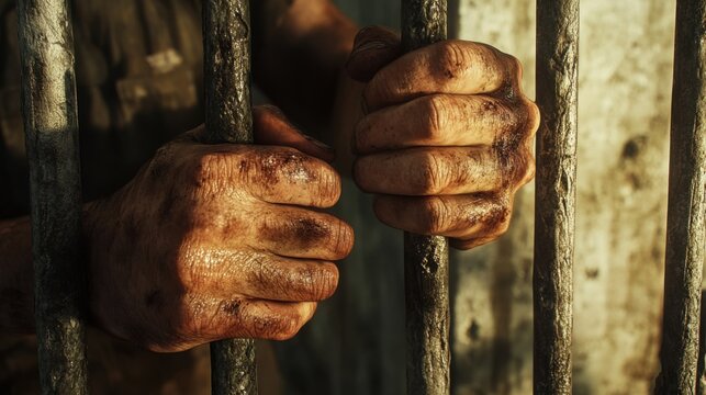Dirty Hands Gripping Rusty Prison Bars Confinement, Despair, Imprisonment